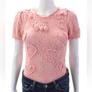 💗 Love Shack Fancy Women's Short Sleeves Ruffle Knit Bodysuit Pink Size XS